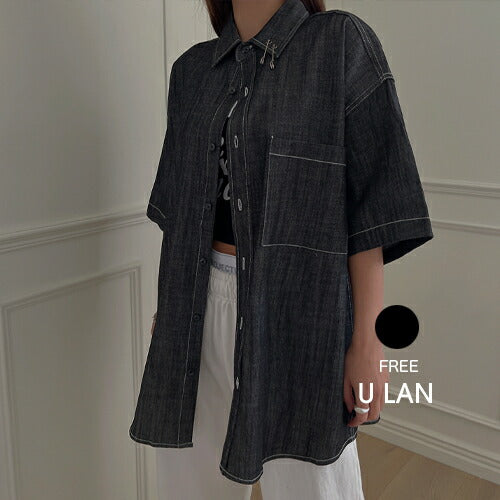 ULAN(ユーラン)(UNISEX) ステッチデニム半袖シャツ