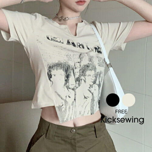 KICKSEWING（キックスウィング）プリンティングアシンメトリークロップTシャツ