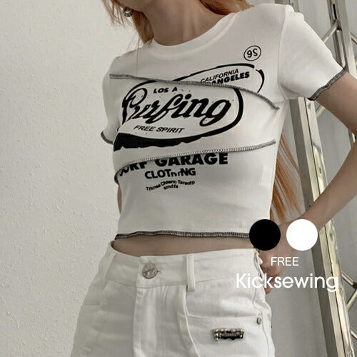 KICKSEWING（キックスウィング）ステッチポイントレタリングクロップTシャツ