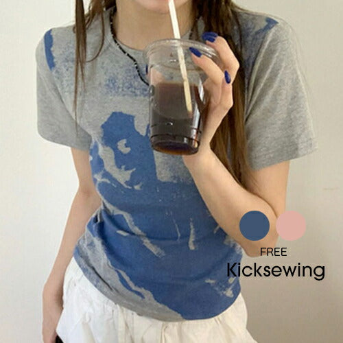 KICKSEWING（キックスウィング）サンドプリンティング配色スリムフィットTシャツ