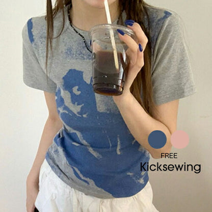 KICKSEWING（キックスウィング）サンドプリンティング配色スリムフィットTシャツ