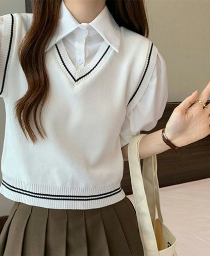 ★SONA(ソナ)Vネックベストレイヤードパフシャツ3色
