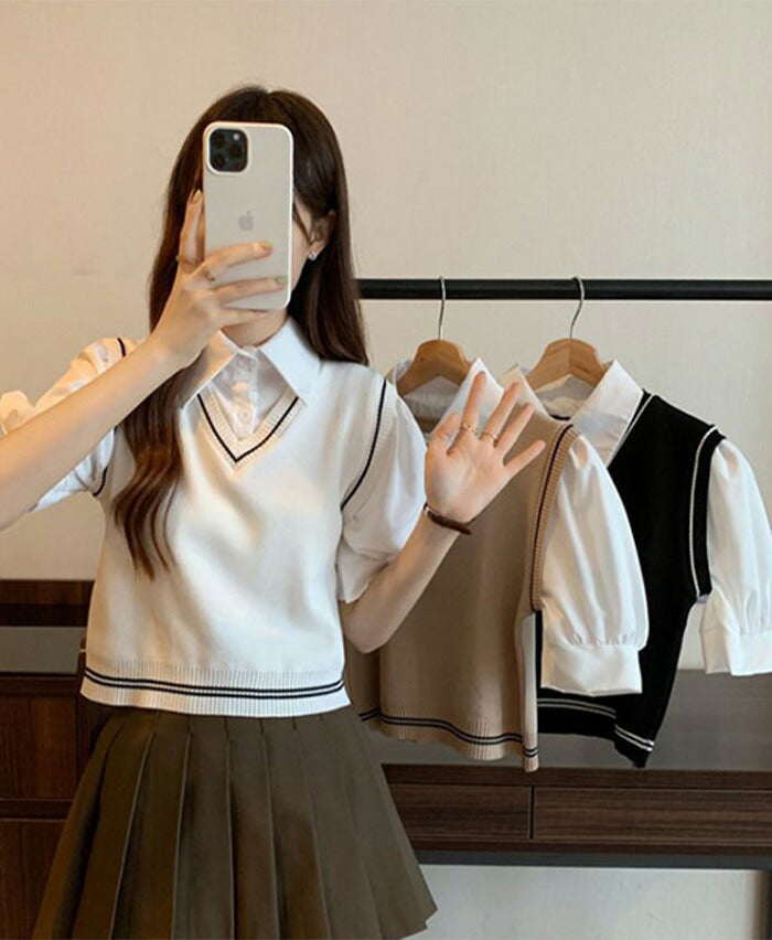 ★SONA(ソナ)Vネックベストレイヤードパフシャツ3色